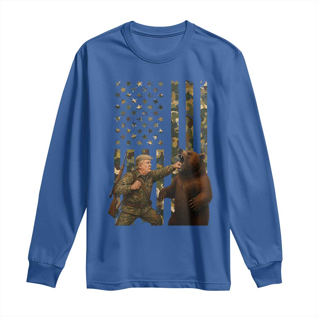 Funny Trump Vs Bear Showdown Long Sleeve Shirt American Flag Hunter Gift TS12 Royal Blue Print Your Wear