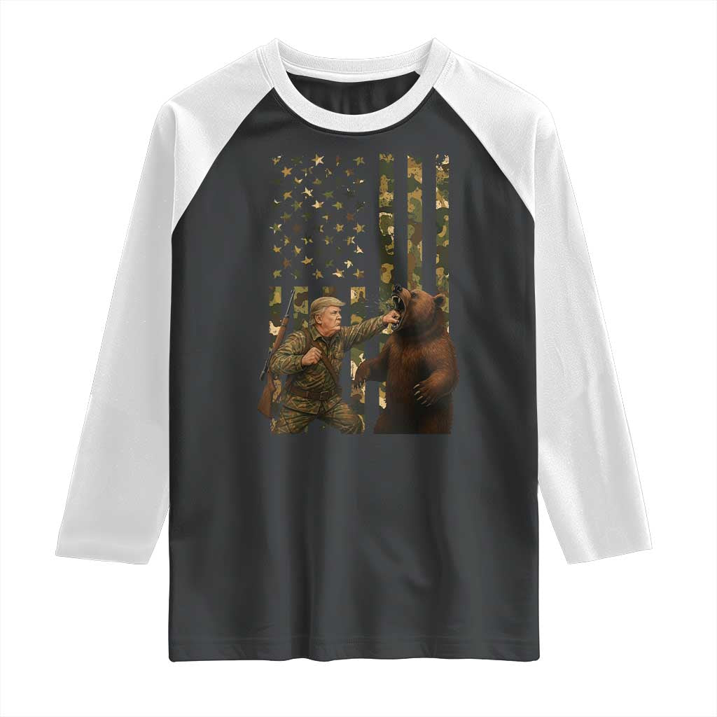 Funny Trump Vs Bear Showdown Raglan Shirt American Flag Hunter Gift TS12 Black White Print Your Wear