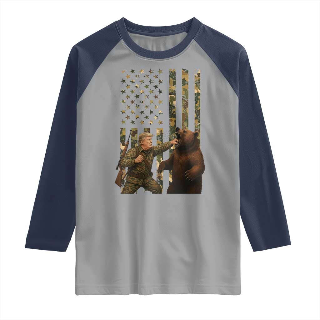 Funny Trump Vs Bear Showdown Raglan Shirt American Flag Hunter Gift TS12 Sport Gray Navy Print Your Wear