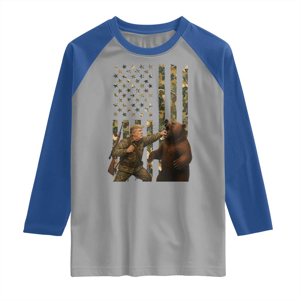 Funny Trump Vs Bear Showdown Raglan Shirt American Flag Hunter Gift TS12 Sport Gray Royal Print Your Wear