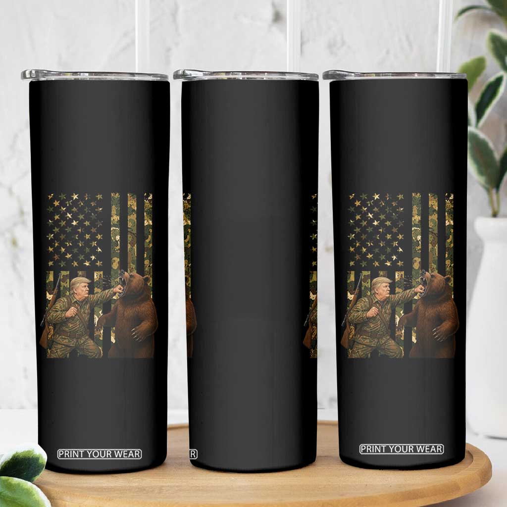 Funny Trump Vs Bear Showdown Skinny Tumbler American Flag Hunter Gift TS12 Print Your Wear