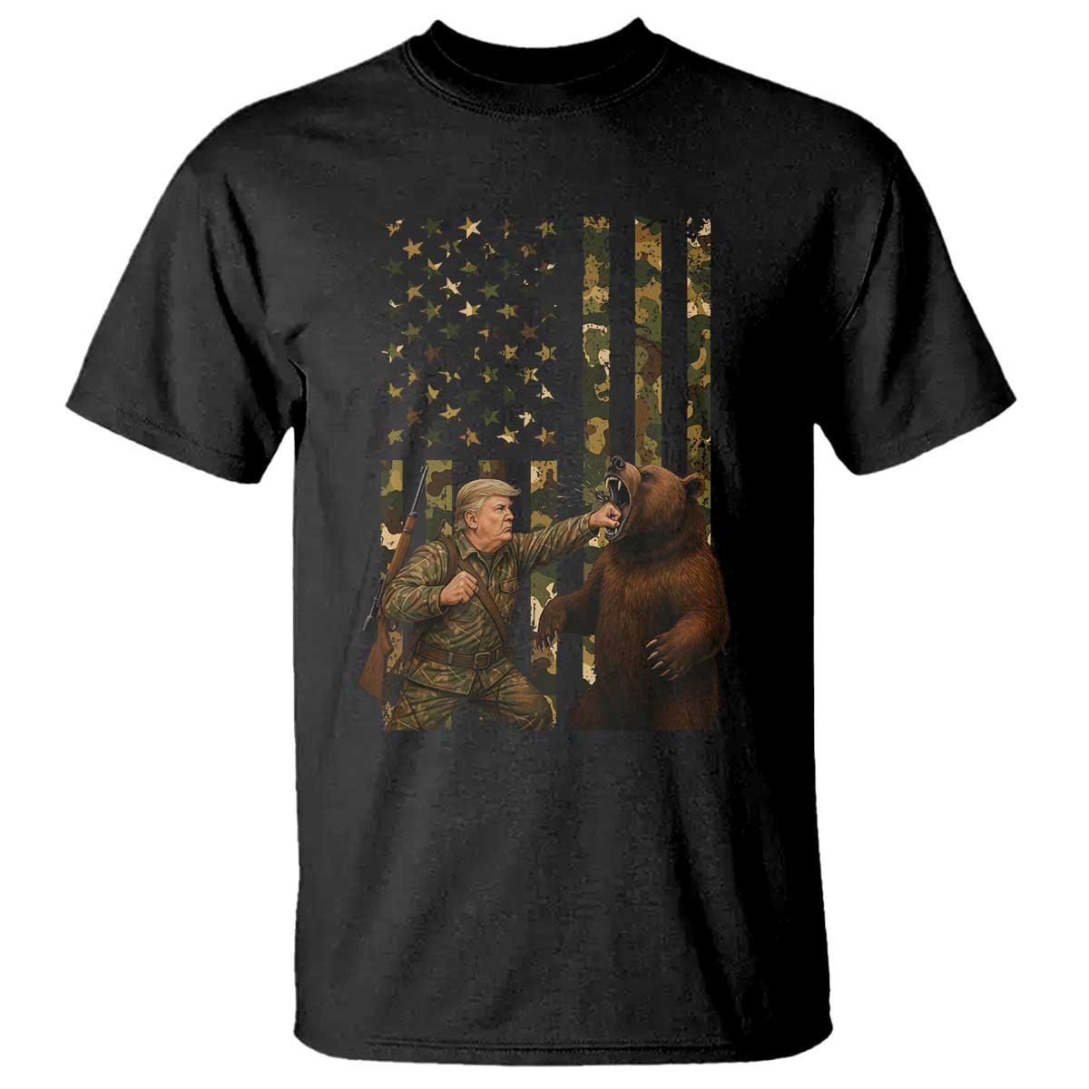 Funny Trump Vs Bear Showdown T Shirt American Flag Hunter Gift TS12 Black Print Your Wear
