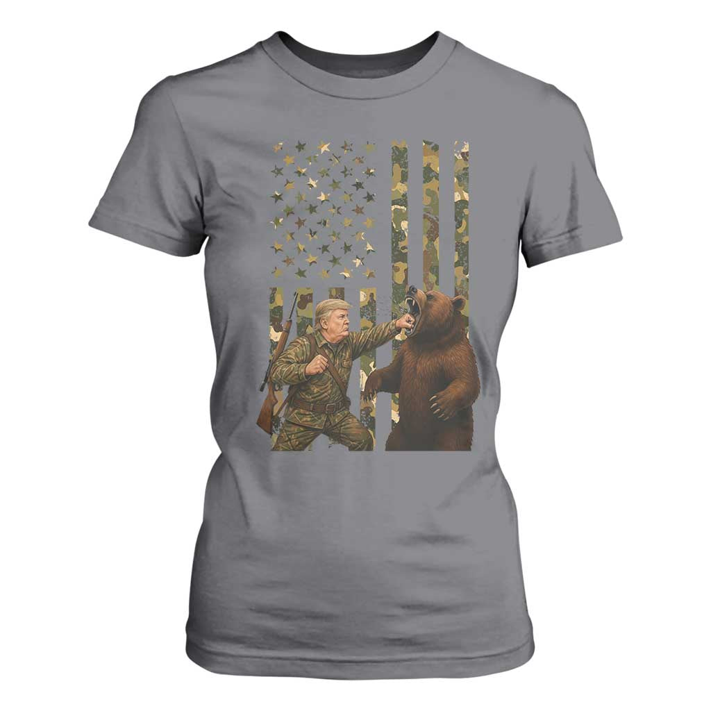 Funny Trump Vs Bear Showdown T Shirt For Women American Flag Hunter Gift TS12 Charcoal Print Your Wear