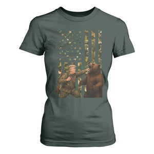 Funny Trump Vs Bear Showdown T Shirt For Women American Flag Hunter Gift TS12 Dark Forest Green Print Your Wear