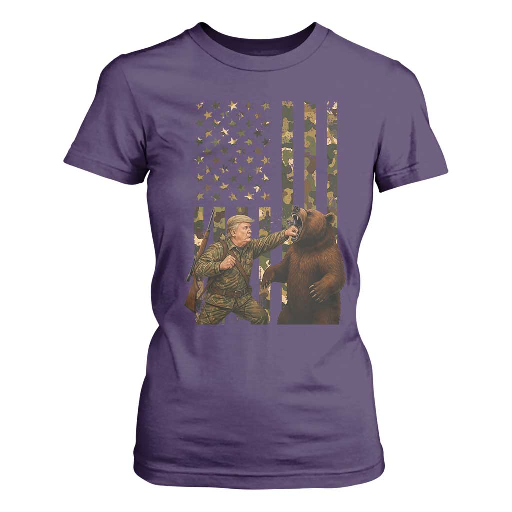Funny Trump Vs Bear Showdown T Shirt For Women American Flag Hunter Gift TS12 Purple Print Your Wear