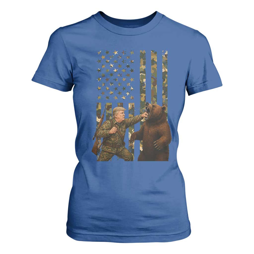Funny Trump Vs Bear Showdown T Shirt For Women American Flag Hunter Gift TS12 Royal Blue Print Your Wear