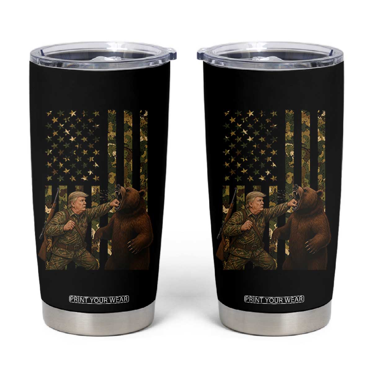 Funny Trump Vs Bear Showdown Tumbler Cup American Flag Hunter Gift TS12 Black Print Your Wear