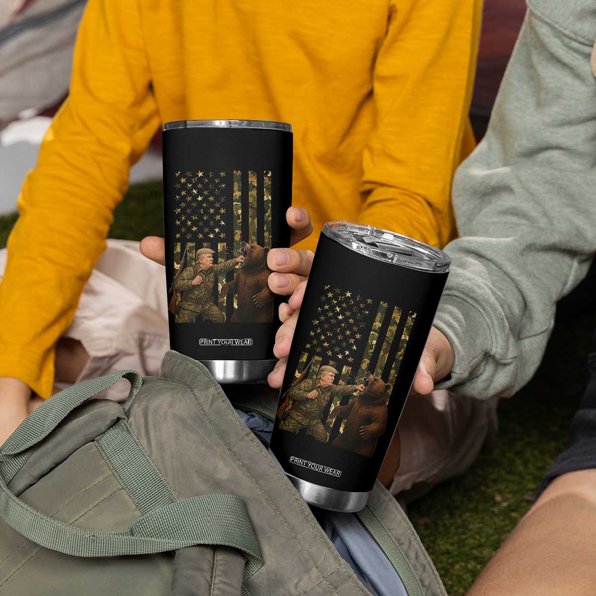 Funny Trump Vs Bear Showdown Tumbler Cup American Flag Hunter Gift TS12 Print Your Wear