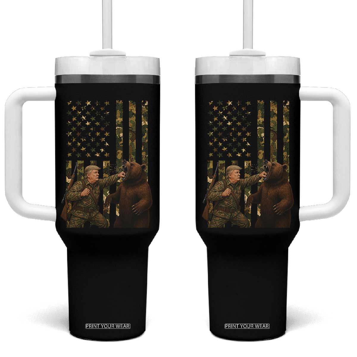 Funny Trump Vs Bear Showdown Tumbler With Handle American Flag Hunter Gift TS12 One Size: 40 oz Black Print Your Wear