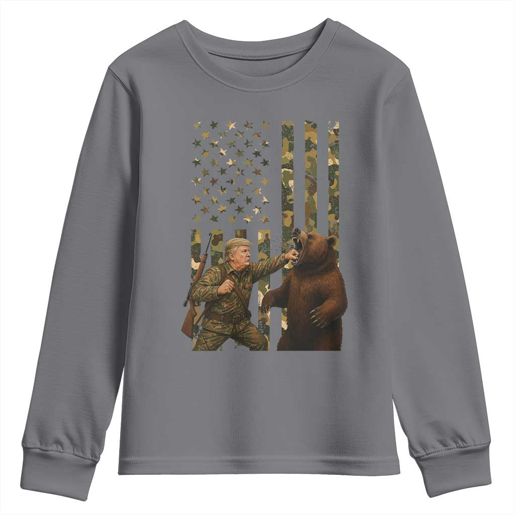 Funny Trump Vs Bear Showdown Youth Sweatshirt American Flag Hunter Gift TS12 Charcoal Print Your Wear