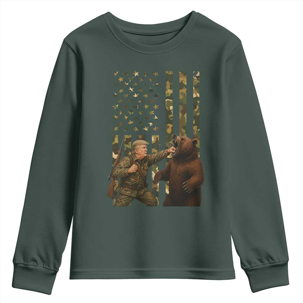Funny Trump Vs Bear Showdown Youth Sweatshirt American Flag Hunter Gift TS12 Dark Forest Green Print Your Wear