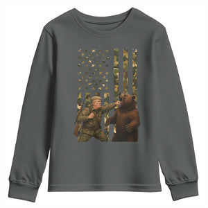 Funny Trump Vs Bear Showdown Youth Sweatshirt American Flag Hunter Gift TS12 Dark Heather Print Your Wear