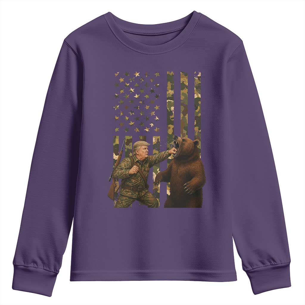 Funny Trump Vs Bear Showdown Youth Sweatshirt American Flag Hunter Gift TS12 Purple Print Your Wear