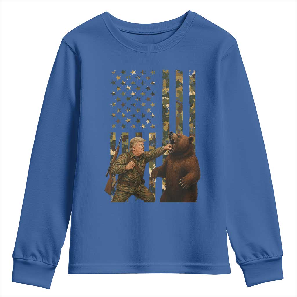 Funny Trump Vs Bear Showdown Youth Sweatshirt American Flag Hunter Gift TS12 Royal Blue Print Your Wear