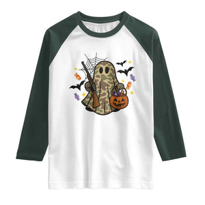 Funny Camo Hunter Halloween Ghost Costume Raglan Shirt TS12 White Dark Forest Green Print Your Wear
