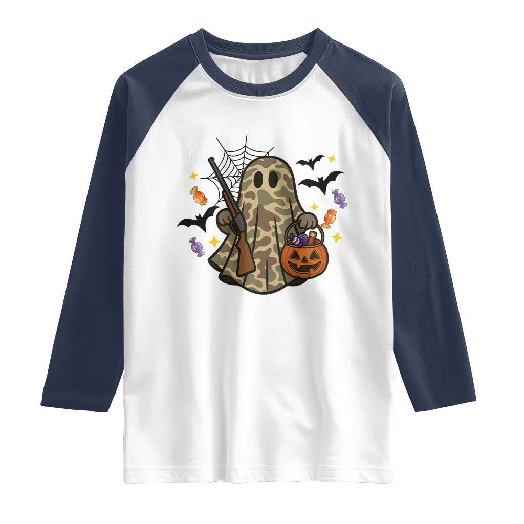 Funny Camo Hunter Halloween Ghost Costume Raglan Shirt TS12 White Navy Print Your Wear