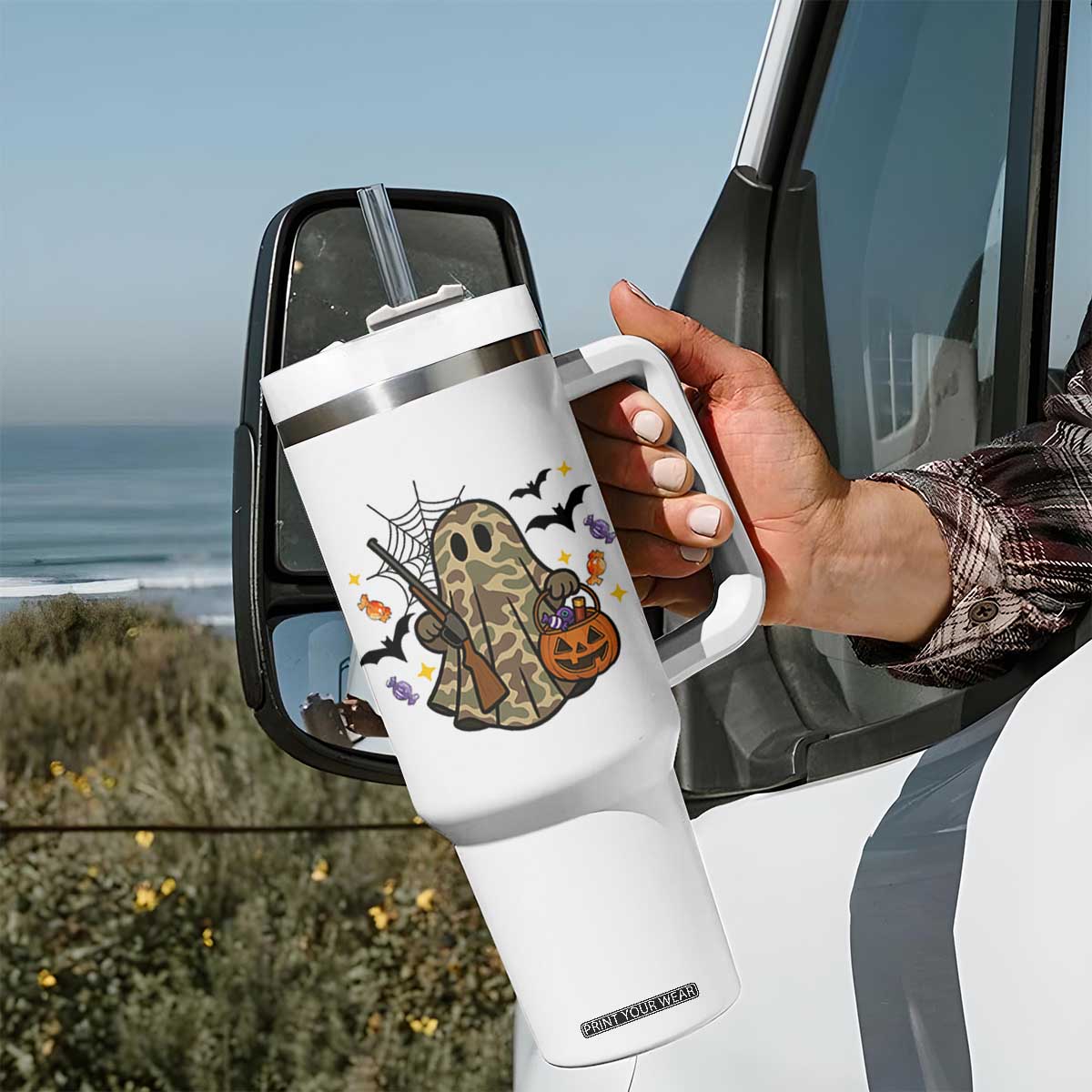 Funny Camo Hunter Halloween Ghost Costume Tumbler With Handle TS12 Print Your Wear