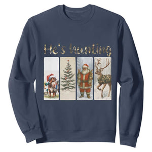 Santa Funny Christmas Hunter Look Sweatshirt He Is Hunting TS12 Navy Print Your Wear