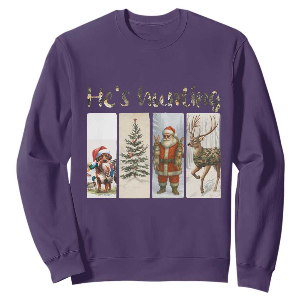 Santa Funny Christmas Hunter Look Sweatshirt He Is Hunting TS12 Purple Print Your Wear