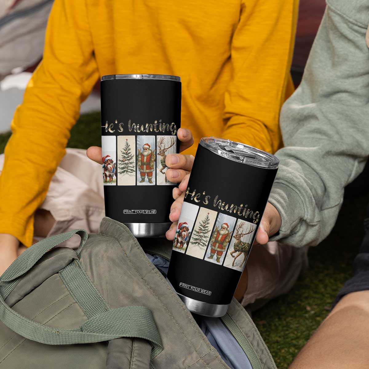 Santa Funny Christmas Hunter Look Tumbler Cup He Is Hunting TS12 Print Your Wear