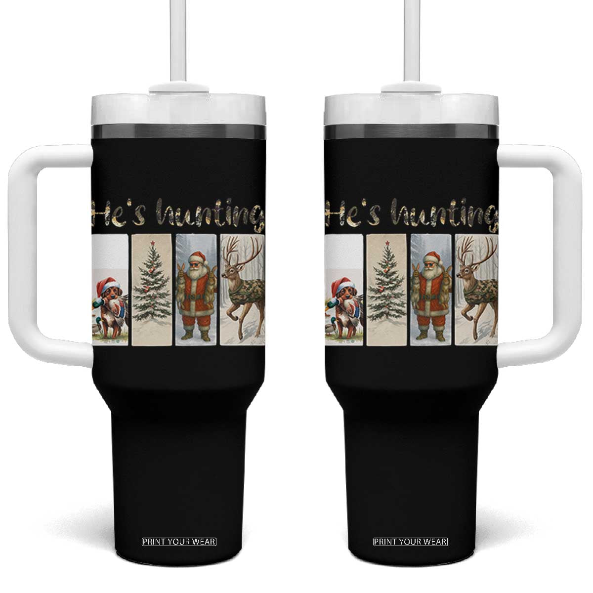 Santa Funny Christmas Hunter Look Tumbler With Handle He Is Hunting TS12 One Size: 40 oz Black Print Your Wear