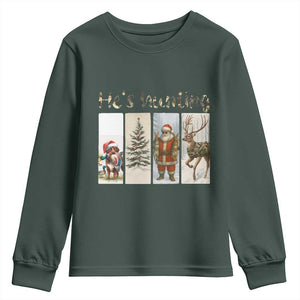 Santa Funny Christmas Hunter Look Youth Sweatshirt He Is Hunting TS12 Dark Forest Green Print Your Wear