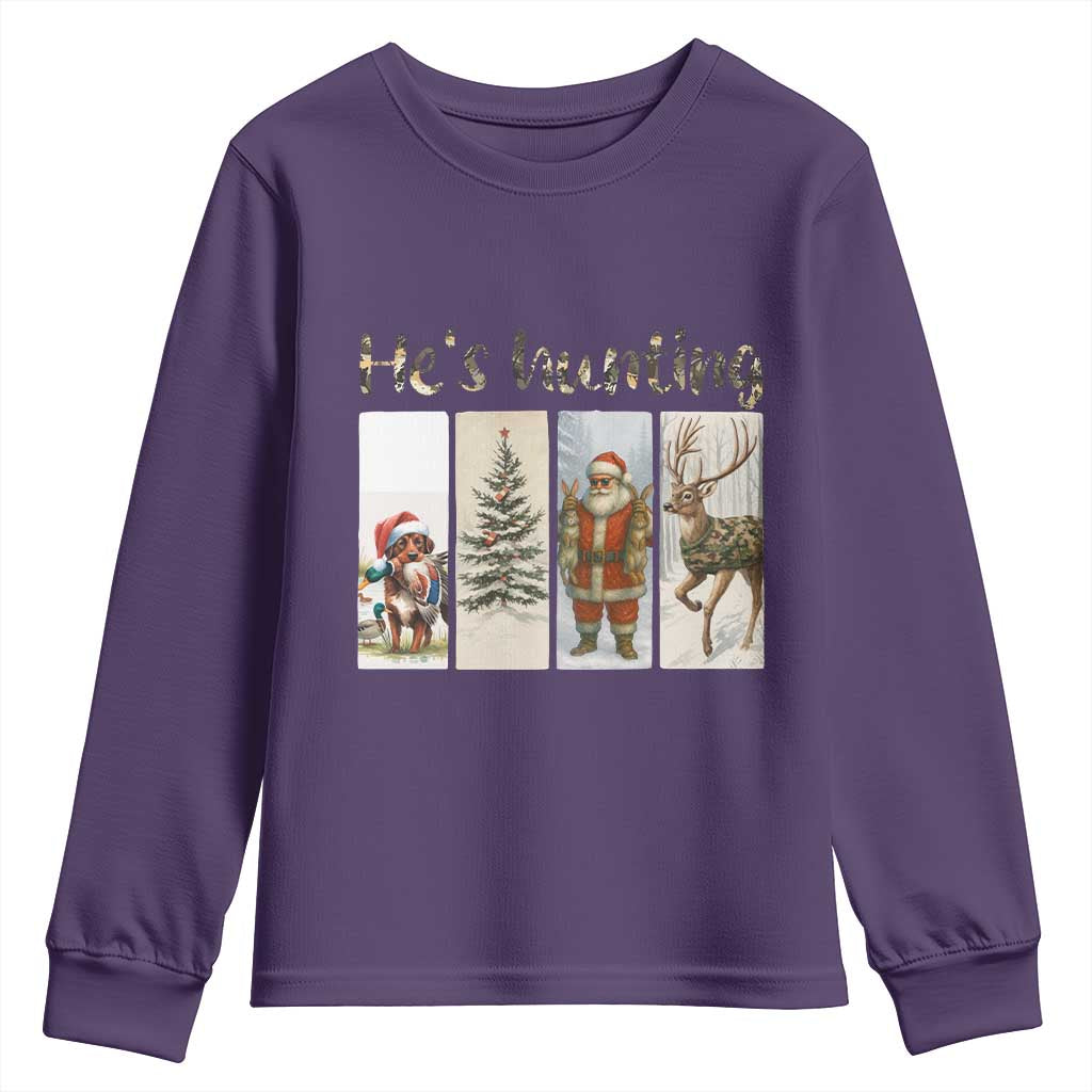 Santa Funny Christmas Hunter Look Youth Sweatshirt He Is Hunting TS12 Purple Print Your Wear