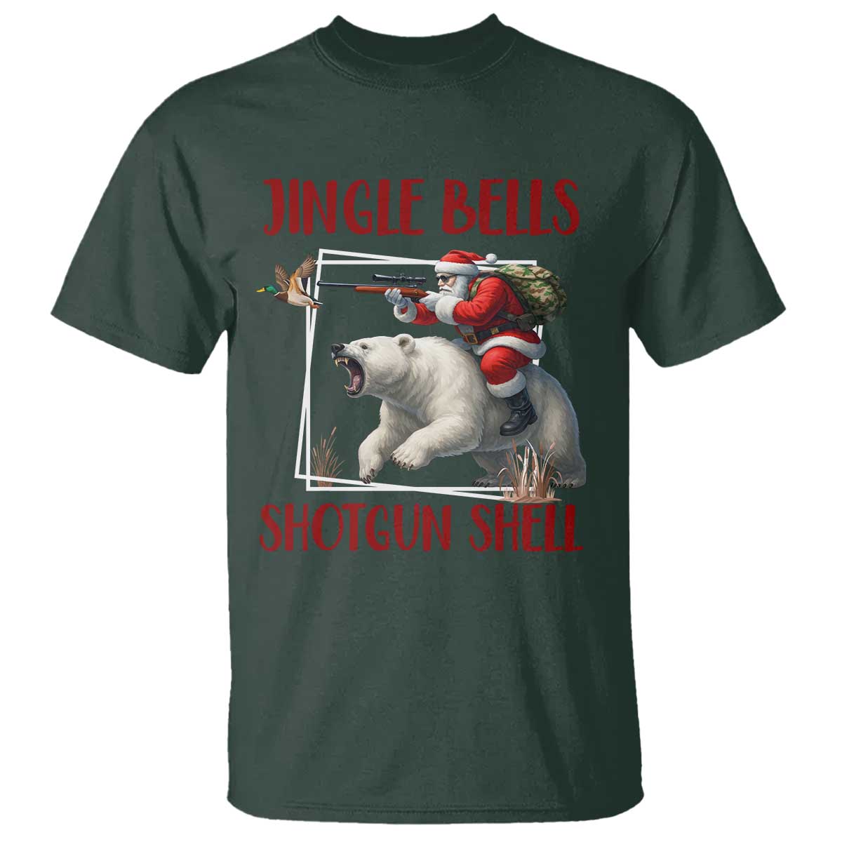 Funny Christmas Hunting T Shirt Jingle Bells Shotgun Shells TS12 Dark Forest Green Print Your Wear