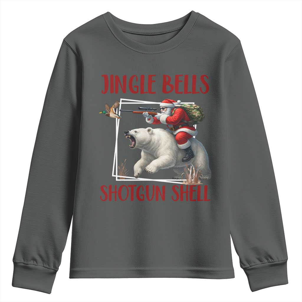 Funny Christmas Hunting Youth Sweatshirt Jingle Bells Shotgun Shells TS12 Dark Heather Print Your Wear