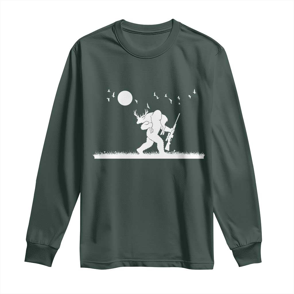 Sasquatch Hunter With Rifle Long Sleeve Shirt Funny Bigfoot Outdoor Design TS12 Dark Forest Green Print Your Wear