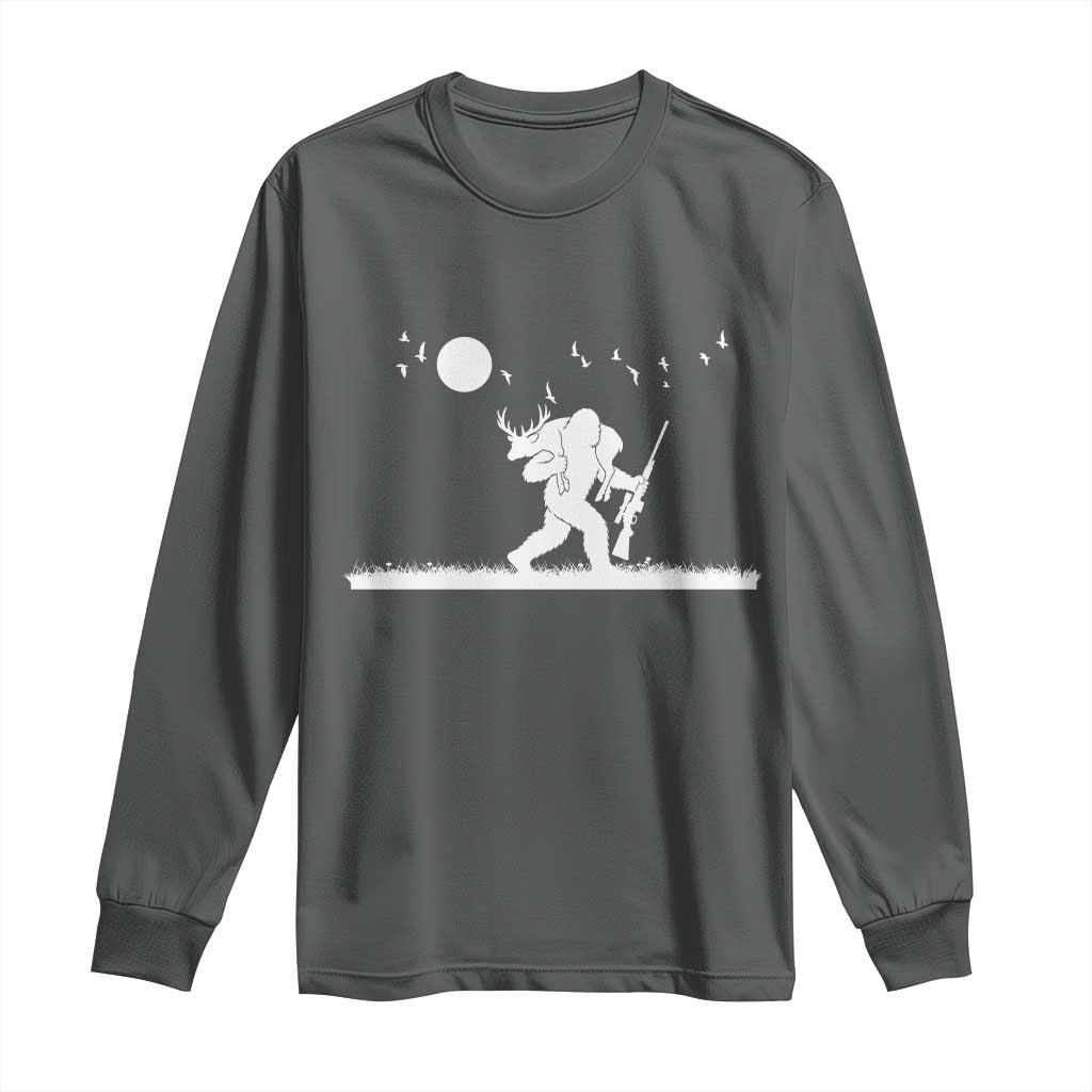 Sasquatch Hunter With Rifle Long Sleeve Shirt Funny Bigfoot Outdoor Design TS12 Dark Heather Print Your Wear