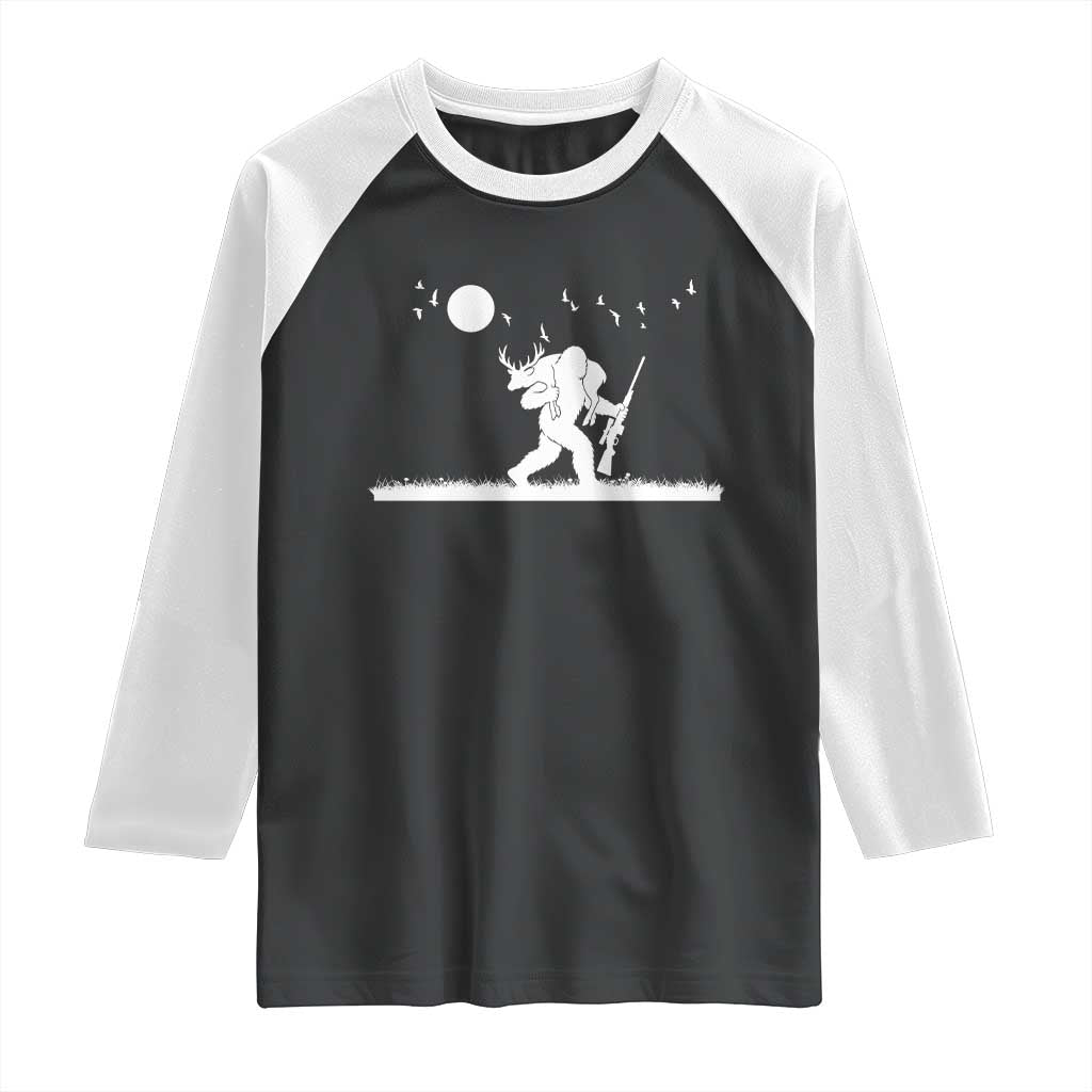 Sasquatch Hunter With Rifle Raglan Shirt Funny Bigfoot Outdoor Design TS12 Black White Print Your Wear
