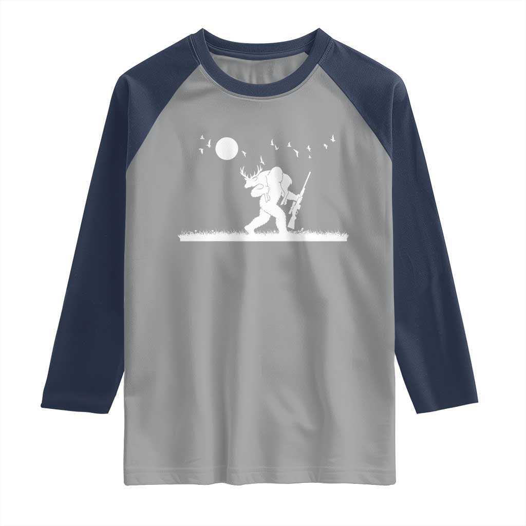 Sasquatch Hunter With Rifle Raglan Shirt Funny Bigfoot Outdoor Design TS12 Sport Gray Navy Print Your Wear