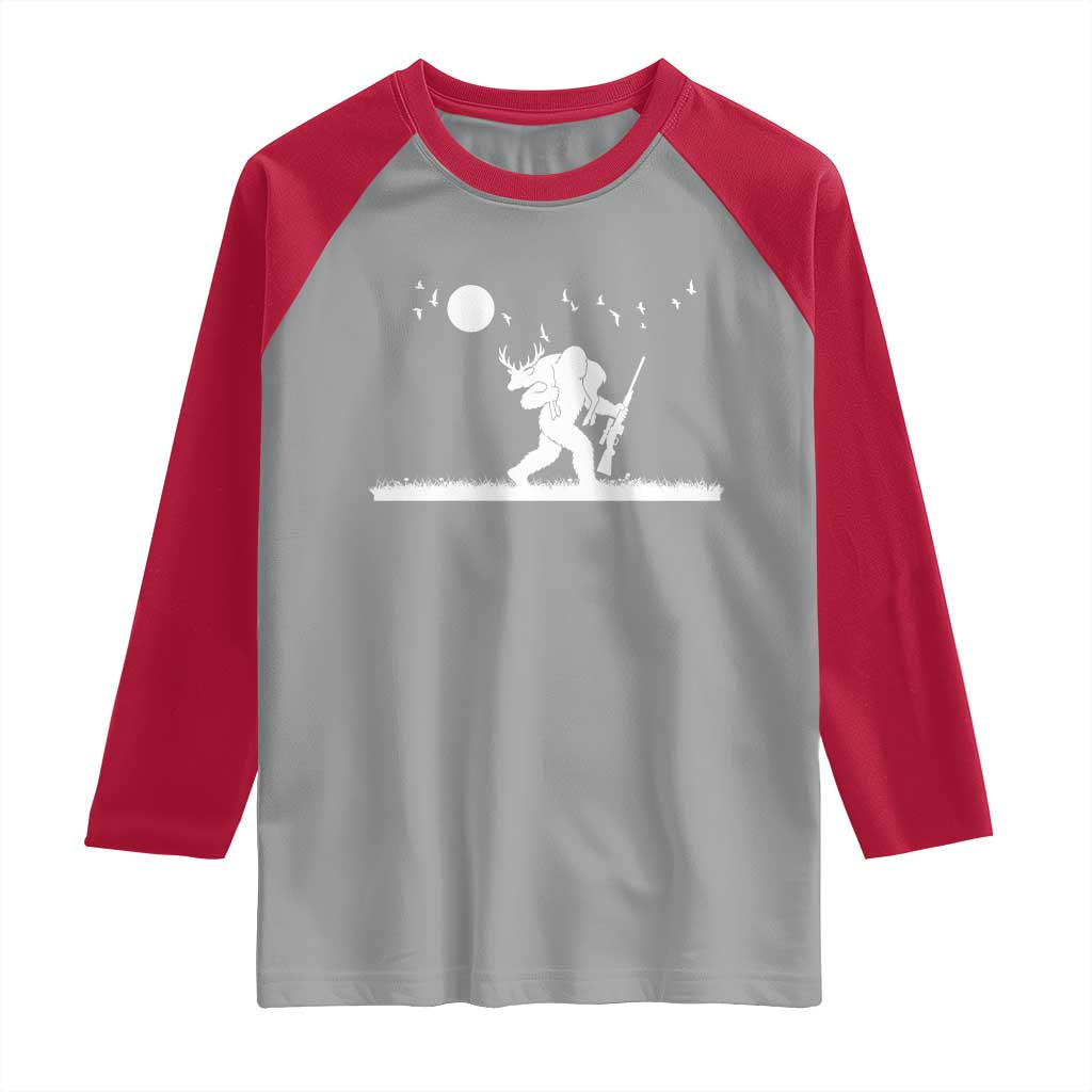 Sasquatch Hunter With Rifle Raglan Shirt Funny Bigfoot Outdoor Design TS12 Sport Gray Red Print Your Wear