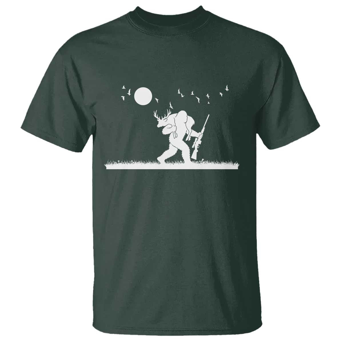 Sasquatch Hunter With Rifle T Shirt Funny Bigfoot Outdoor Design TS12 Dark Forest Green Print Your Wear