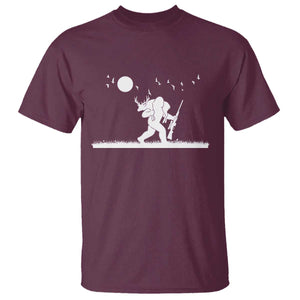 Sasquatch Hunter With Rifle T Shirt Funny Bigfoot Outdoor Design TS12 Maroon Print Your Wear