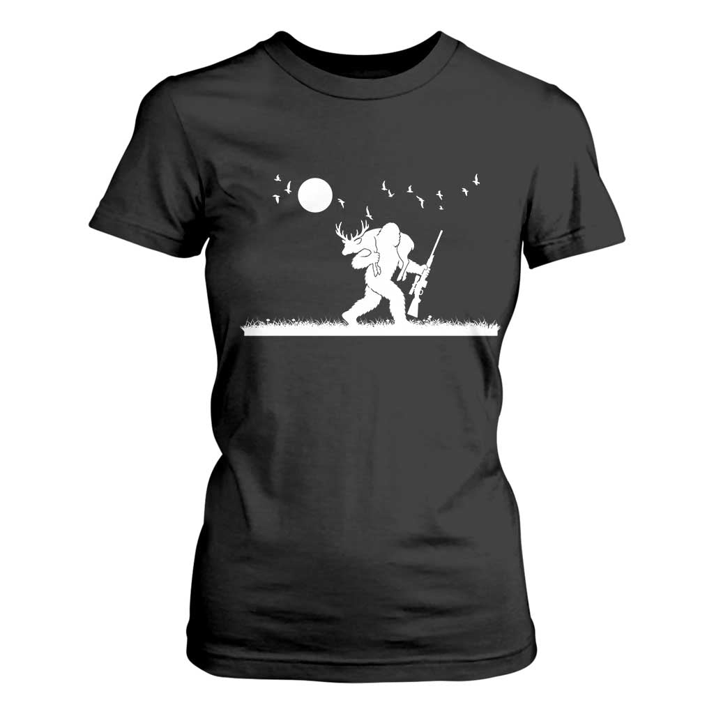 Sasquatch Hunter With Rifle T Shirt For Women Funny Bigfoot Outdoor Design TS12 Black Print Your Wear