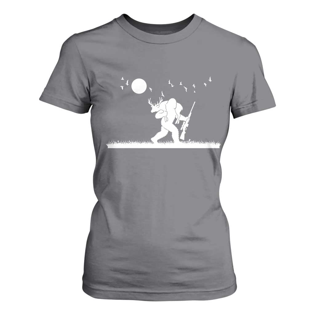 Sasquatch Hunter With Rifle T Shirt For Women Funny Bigfoot Outdoor Design TS12 Charcoal Print Your Wear