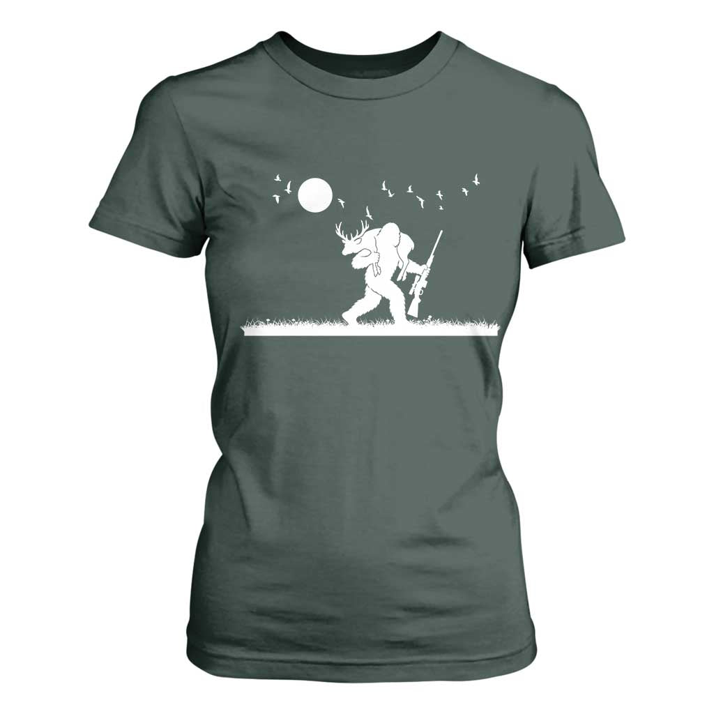 Sasquatch Hunter With Rifle T Shirt For Women Funny Bigfoot Outdoor Design TS12 Dark Forest Green Print Your Wear