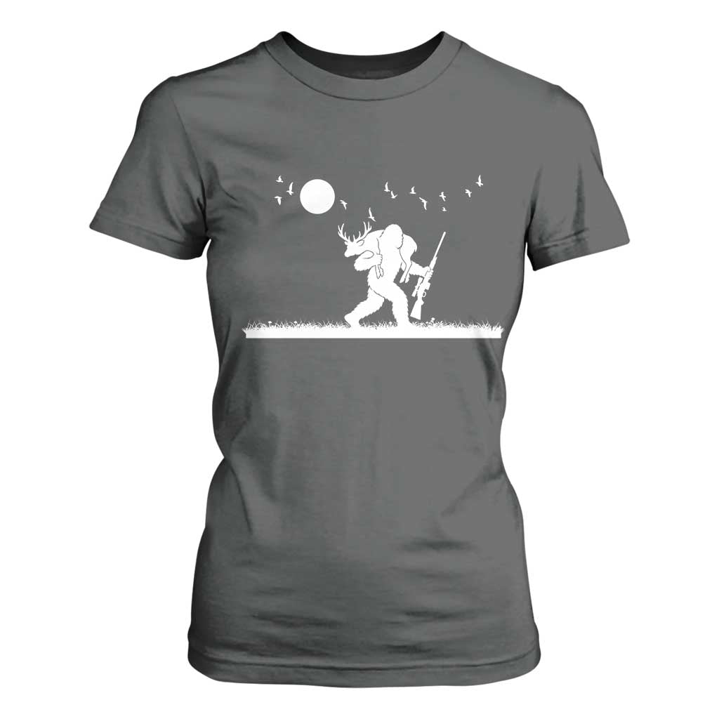 Sasquatch Hunter With Rifle T Shirt For Women Funny Bigfoot Outdoor Design TS12 Dark Heather Print Your Wear