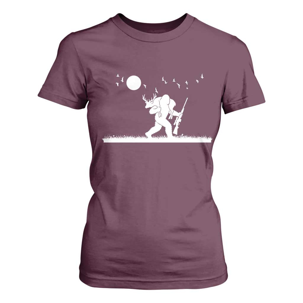 Sasquatch Hunter With Rifle T Shirt For Women Funny Bigfoot Outdoor Design TS12 Maroon Print Your Wear