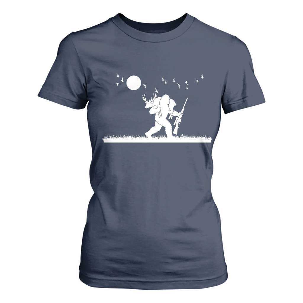 Sasquatch Hunter With Rifle T Shirt For Women Funny Bigfoot Outdoor Design TS12 Navy Print Your Wear