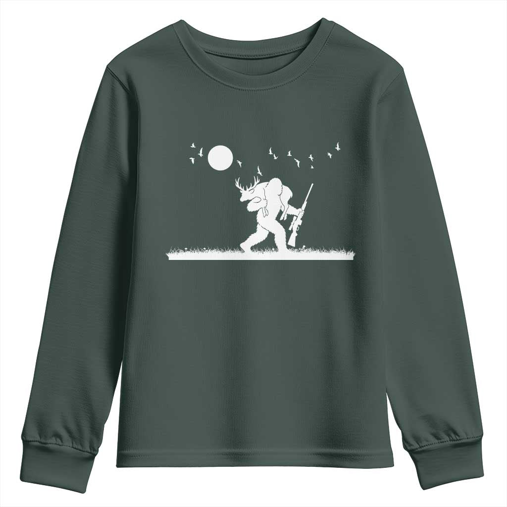 Sasquatch Hunter With Rifle Youth Sweatshirt Funny Bigfoot Outdoor Design TS12 Dark Forest Green Print Your Wear