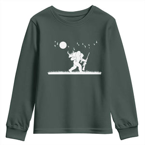 Sasquatch Hunter With Rifle Youth Sweatshirt Funny Bigfoot Outdoor Design TS12 Dark Forest Green Print Your Wear