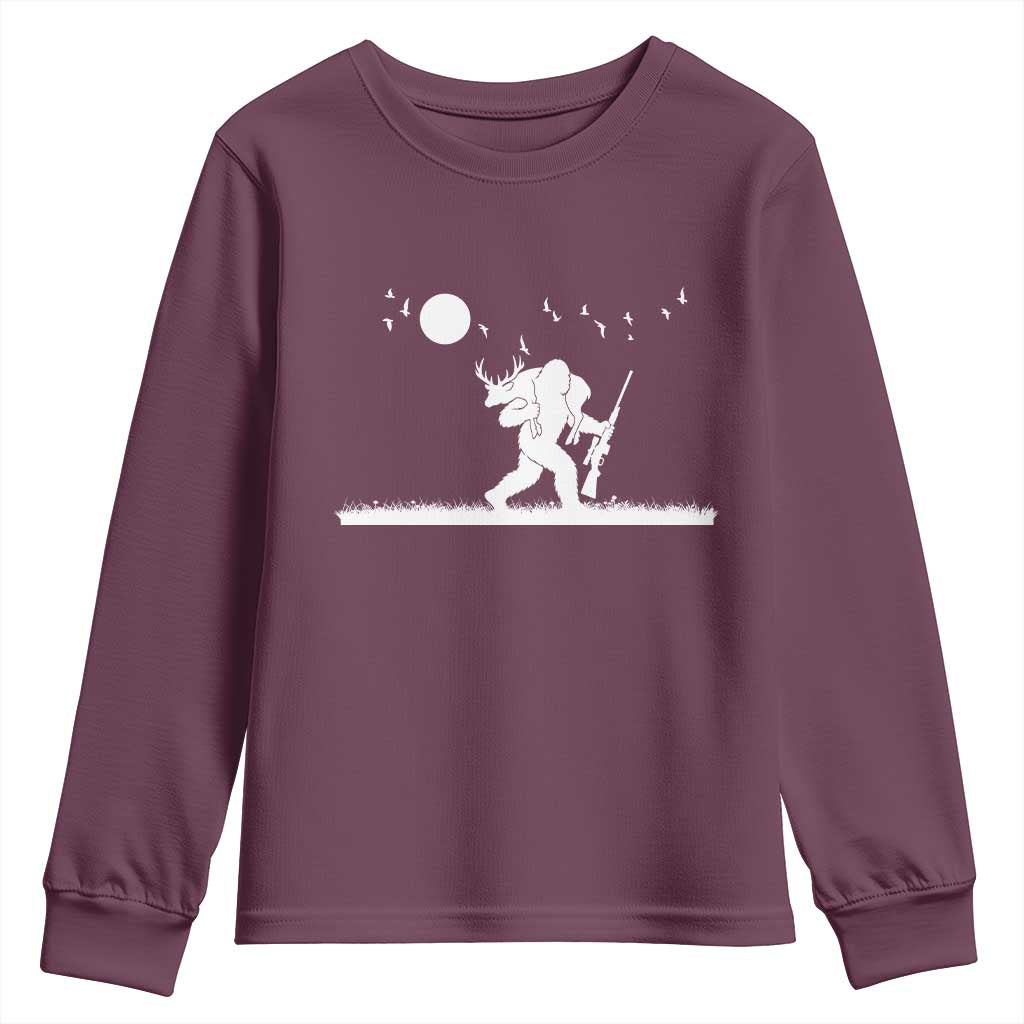 Sasquatch Hunter With Rifle Youth Sweatshirt Funny Bigfoot Outdoor Design TS12 Maroon Print Your Wear