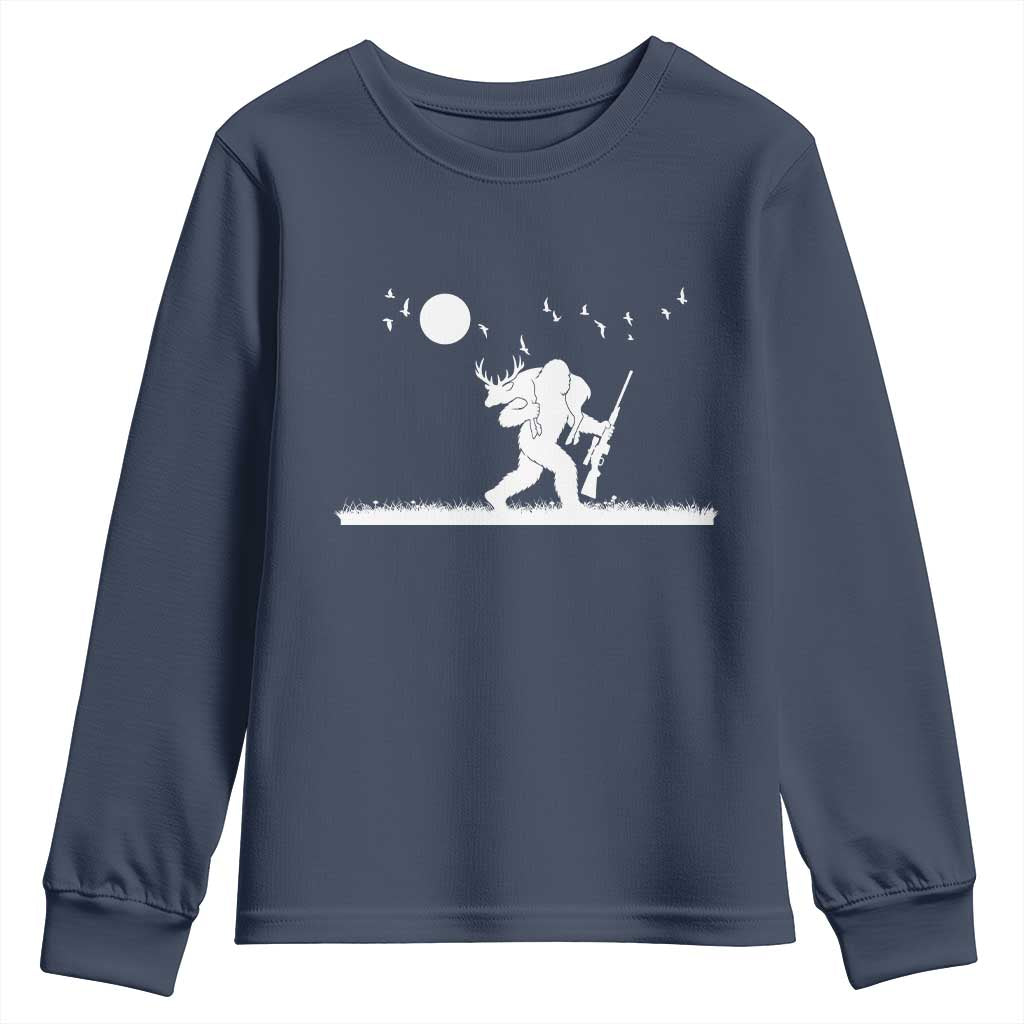 Sasquatch Hunter With Rifle Youth Sweatshirt Funny Bigfoot Outdoor Design TS12 Navy Print Your Wear
