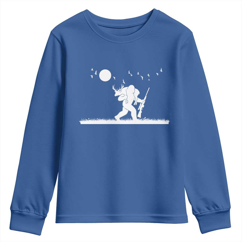Sasquatch Hunter With Rifle Youth Sweatshirt Funny Bigfoot Outdoor Design TS12 Royal Blue Print Your Wear