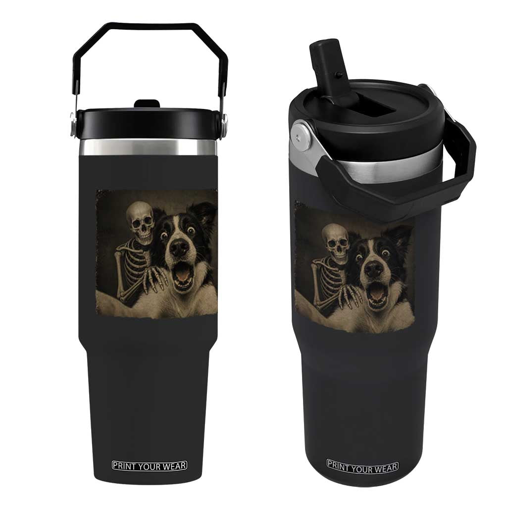 Funny Skeleton Selfie With Border Collie Flip Straw Tumbler Halloween Spooky Dog Lover Gift TS12 One Size: 30 oz Black Print Your Wear