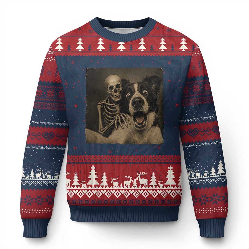 Funny Skeleton Selfie With Border Collie Ugly Christmas Sweater Halloween Spooky Dog Lover Gift TS12 Navy Red Print Your Wear