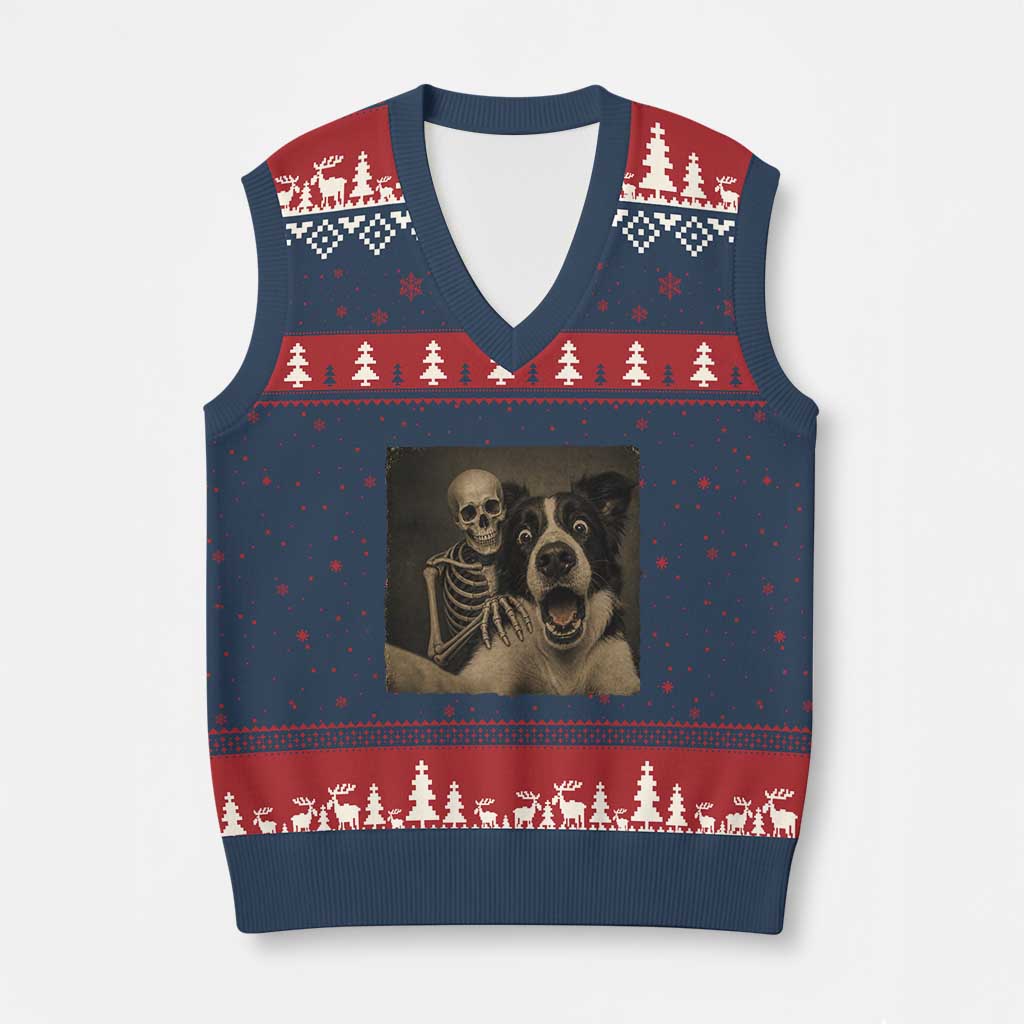 Funny Skeleton Selfie With Border Collie V-Neck Knit Sweater Vest Halloween Spooky Dog Lover Gift TS12 Navy Red Print Your Wear